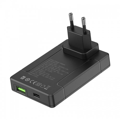 Budi universal wall charger, USB + USB-C, PD 65W + EU|UK|US|AU adapters (black) image 2
