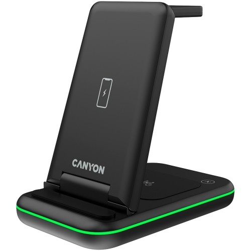 CANYON WS-304, Foldable  3in1 Wireless charger, with touch button for Running water light, Input 9V/2A,  12V/1.5AOutput 15W/10W/7.5W/5W, Type c to USB-A cable length 1.2m, with QC18W EU plug,132.51*75*28.58mm, 0.168Kg, Black image 2