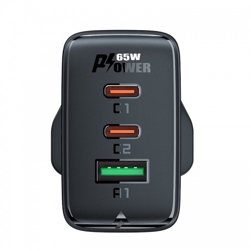 Acefast charger GaN 65W 3 ports (1xUSB, 2xUSB C PD) UK plug black (A44) image 2