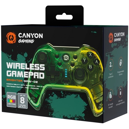 Canyon, Bluetooth Controller with built-in 800mah battery, BT 5.0, 2M Type-C charging cable , Bluetooth Gamepad for Nintendo Switch / Android / Windows ( RGB Lighting ),152*110*55mm, 232g, black image 2