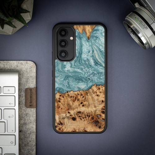 Wood and resin case for Samsung Galaxy A54 5G Bewood Unique Uranus - blue and white image 2
