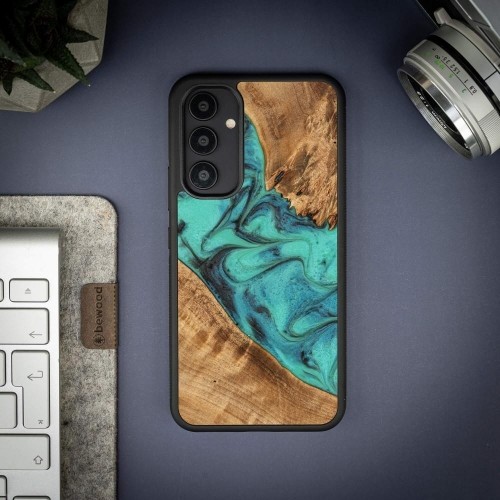 Wood and Resin Case for Samsung Galaxy A54 5G Bewood Unique Turquoise - Turquoise Black image 2