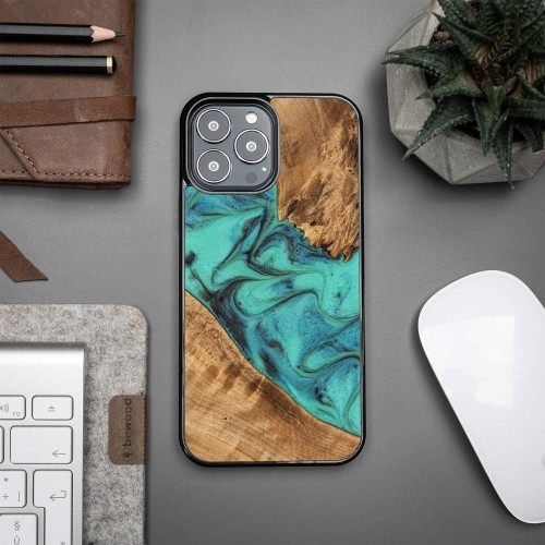 Bewood Unique Turquoise iPhone 13 Pro Max Wood and Resin Case - Turquoise Black image 2
