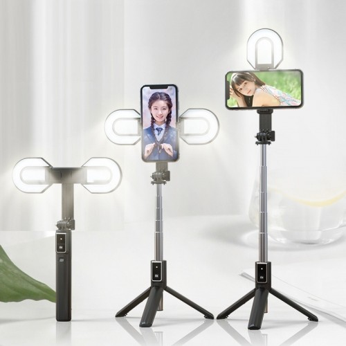 OEM Selfie Stick MINI - with detachable bluetooth remote control, tripod and 2 LED lights - P40S-M BLACK image 2