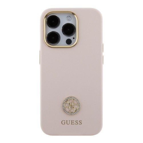 Guess Liquid Silicone 4G Strass Metal Logo Case for iPhone 15 Pro Pink image 2