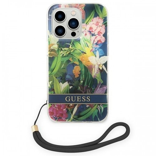 Guess GUOHCP14LHFLSB iPhone 14 Pro 6,1" niebieski|blue hardcase Flower Strap image 2