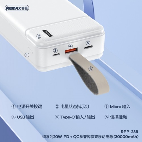 OEM REMAX Power Bank 30000mAh RPP-289 Pure - USB + Type C - PD 20W QC 18W white image 2