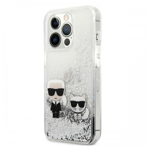KLHCP13LGKCS Karl Lagerfeld Liquid Glitter Karl and Choupette Case for iPhone 13 Pro Silver image 2