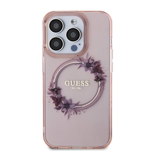 Guess PC|TPU Flowers Ring Glossy Logo MagSafe Case for iPhone 15 Pro Pink image 2