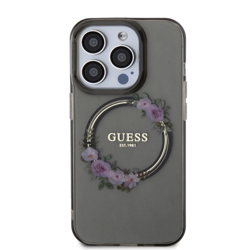 Guess PC|TPU Flowers Ring Glossy Logo MagSafe Case for iPhone 15 Pro Max Black image 2