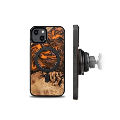 Wood and resin case for iPhone 15 Plus MagSafe Bewood Unique Orange - orange and black image 2