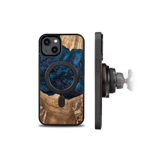 Wood and resin case for iPhone 15 Plus MagSafe Bewood Unique Neptun - navy blue and black image 2