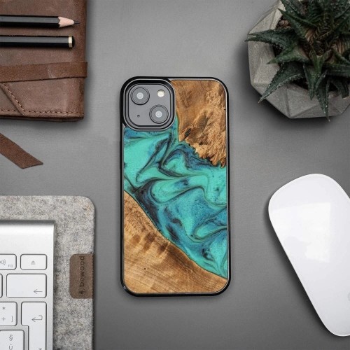 Wood and resin case for iPhone 15 Plus Bewood Unique Turquoise - turquoise and black image 2