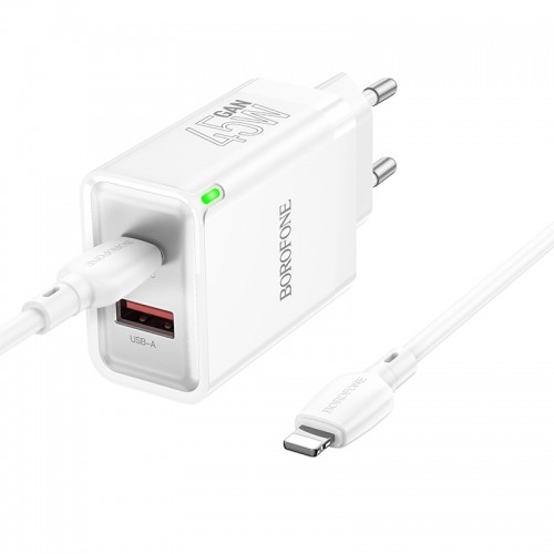 OEM Borofone Wall charger BN16 Tough - USB + Type C - PD 45W 3A with Type C to Lightning cable white image 2