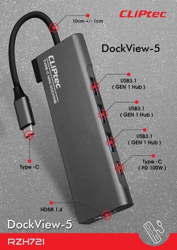 OEM Cliptec Adapter HUB - Type C to 3xUSB 3.1 + Type C + HDMI - DockView-5 RZH721 grey image 2