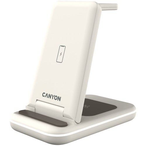 CANYON WS-304,  Foldable  3in1 Wireless charger, with touch button for Running water light, Input 9V/2A,  12V/1.5AOutput 15W/10W/7.5W/5W, Type c to USB-A cable length 1.2m, with QC18W EU plug,132.51*75*28.58mm, 0.168Kg, Cosmic Latte image 2