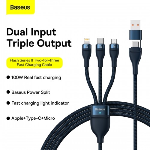 Baseus Flash Series II USB Type C | USB Type A cable - USB Type C | Lightning | micro USB 100 W 1.2 m blue (CASS030103) image 2