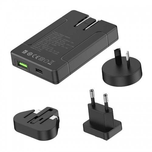 Budi universal wall charger, USB + USB-C, PD 65W + EU|UK|US|AU adapters (black) image 3