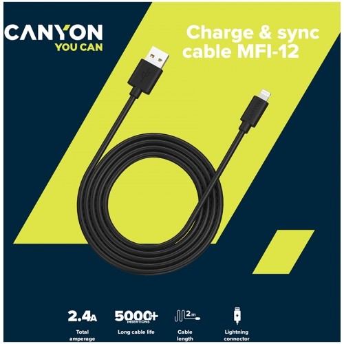 CANYON MFI-12, Lightning USB Cable for Apple , round, PVC, 2M, OD:4.0mm, Power+signal wire: 21AWG*2C+28AWG*2C,  Data transfer speed:26MB/s, White.  With shield , with CANYON logo and CANYON package.  Certification: ROHS, MFI. image 3