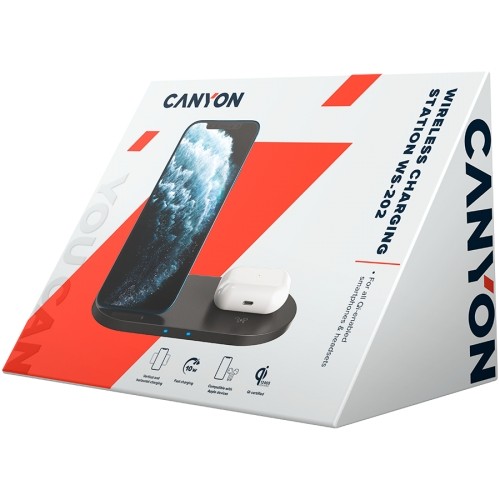 CANYON WS-202, 2in1 Wireless charger, Input 5V/3A, 9V/2.67A, Output 10W/7.5W/5W, Type c cable length 1.2m, PC+ABS,with PU part ,180*86*111.1mm, 0.185Kg,Black image 3