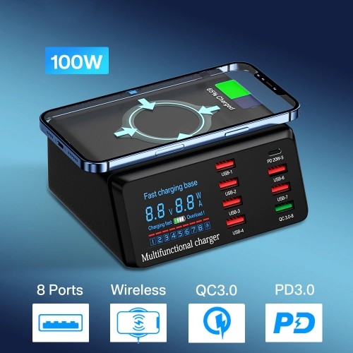 OEM Charging station X9 - 7xUSB + Type C - 100W PD QC 3.0 + induction charging image 3
