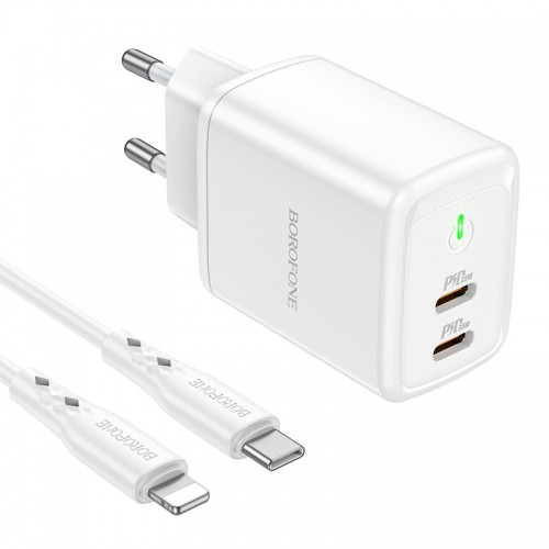 OEM Borofone Wall charger BN9 Reacher - 2xType C - QC 3.0 PD 35W with Type C to Lightning cable white image 3