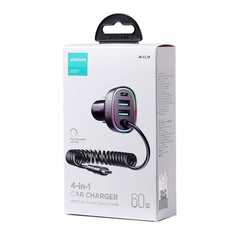 Joyroom 4 in 1 fast car charger PD, QC3.0, AFC, FCP with USB Type C cable 1.6m 60W black (JR-CL19) image 3