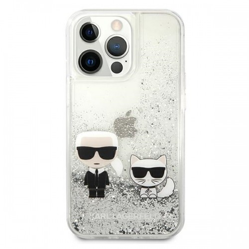 KLHCP13LGKCS Karl Lagerfeld Liquid Glitter Karl and Choupette Case for iPhone 13 Pro Silver image 3