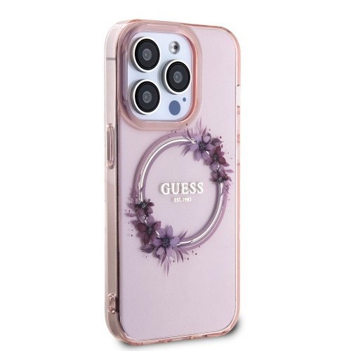 Guess PC|TPU Flowers Ring Glossy Logo MagSafe Case for iPhone 15 Pro Pink image 3