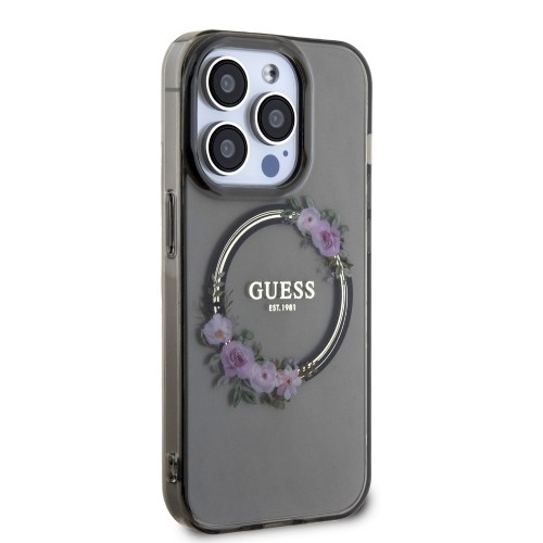 Guess PC|TPU Flowers Ring Glossy Logo MagSafe Case for iPhone 15 Pro Max Black image 3
