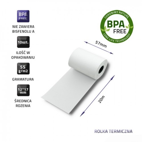 Qoltec 51896 Thermal roll 57 x 20 | 55g / m2 | 10 pcs. | BPA free image 3