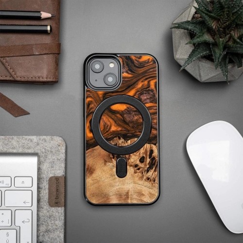 Wood and resin case for iPhone 15 Plus MagSafe Bewood Unique Orange - orange and black image 3