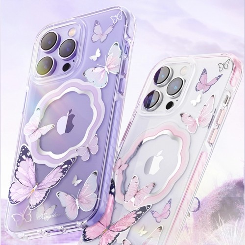 Kingxbar Butterfly Series magnetic case for iPhone 14 Plus MagSafe case with butterflies pink image 3