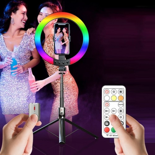 OEM Selfie Stick - with detachable bluetooth remote control, tripod and ring lamp RGB - P100-RGB Black image 3