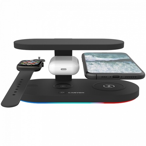 CANYON WS-501 5in1 Wireless charger, with UV sterilizer, with touch button for Running water light, Input QC24W or PD36W, Output 15W/10W/7.5W/5W, USB-A 10W(max), Type c to USB-A cable length 1.2m, 188*90*81mm, 0.249Kg, Black image 4