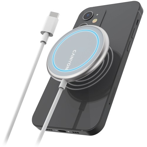 CANYON WS-100 Wireless charger, Input 9V/2A, 9V/2.7A, 12V/2A, Output 15W/10W/7.5W/5W, Type c cable length 1.5m, Acrylic surface+Aluminium alloy edge, 59*59*7mm, 0.06Kg, Silver image 4