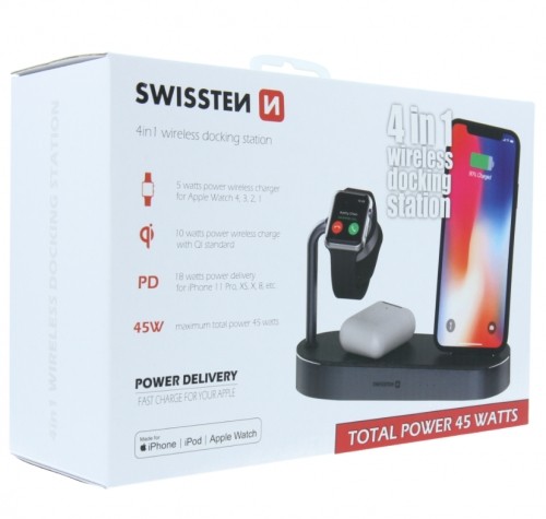 Swissten Swistten 4in1 MFI Wireless Docking Station 45 W / Беспроводная зарядная док-станция для Apple iPhone / Apple Watch / iPod image 4