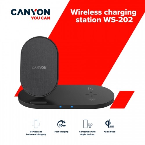 CANYON WS-202, 2in1 Wireless charger, Input 5V/3A, 9V/2.67A, Output 10W/7.5W/5W, Type c cable length 1.2m, PC+ABS,with PU part ,180*86*111.1mm, 0.185Kg,Black image 4