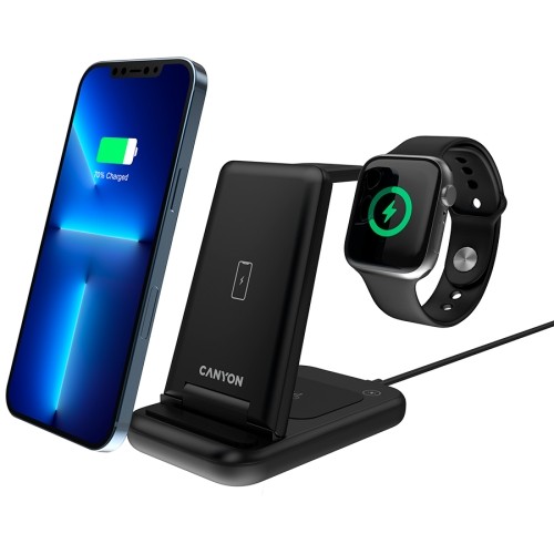 CANYON WS-304, Foldable  3in1 Wireless charger, with touch button for Running water light, Input 9V/2A,  12V/1.5AOutput 15W/10W/7.5W/5W, Type c to USB-A cable length 1.2m, with QC18W EU plug,132.51*75*28.58mm, 0.168Kg, Black image 4