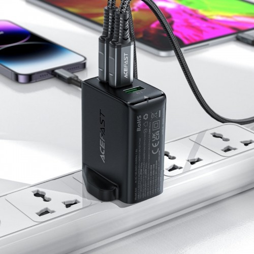 Acefast charger GaN 65W 3 ports (1xUSB, 2xUSB C PD) UK plug black (A44) image 4