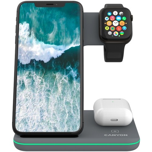 CANYON WS-303, 3in1 Wireless charger, with touch button for Running water light, Input 9V/2A, 12V/2A, Output 15W/10W/7.5W/5W, Type c to USB-A cable length 1.2m, 137*103*140mm, 0.22Kg, Dark Grey image 4