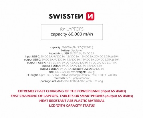Swissten Power Line Power Bank  60 000 mAh / 65W image 4