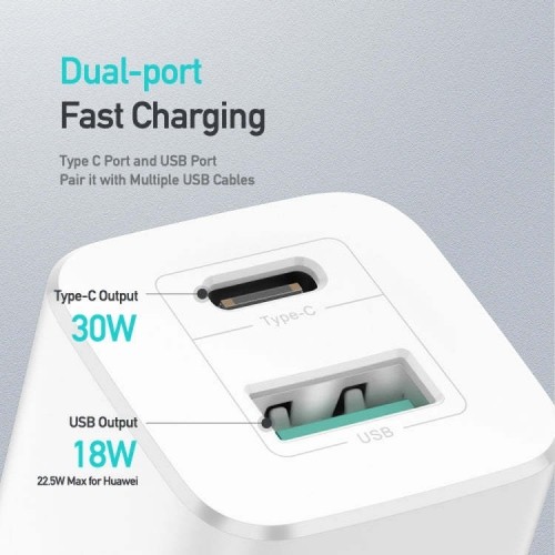 OEM Wall charger Dux Ducis C80 Super Si - USB + Type C - PD 30W QC 3.0 18W 3A white image 4
