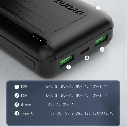 Dudao power bank 20000 mAh Power Delivery 20 W Quick Charge 3.0 2x USB | USB Type C black (K12PQ + black) image 4