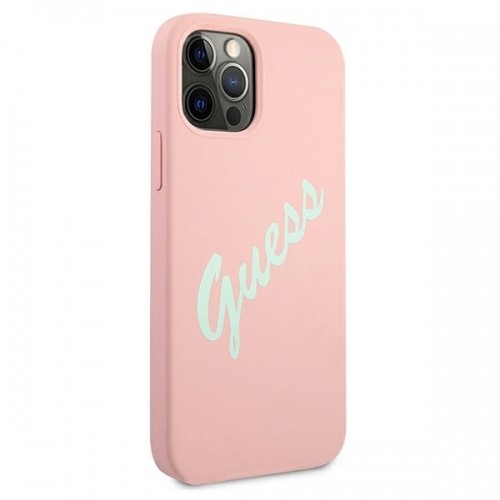 GUHCP12MLSVSPG Guess Silicone Vintage Green Script Cover for iPhone 12|12 Pro 6.1 Pink image 4