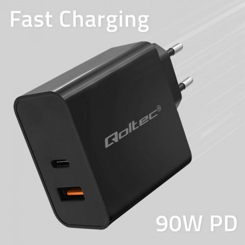 Qoltec 52381 Super Quick PD charger | 1xUSB-C | 1xUSB| 90W | 5-20V | 2.4-4.35A | Black image 4
