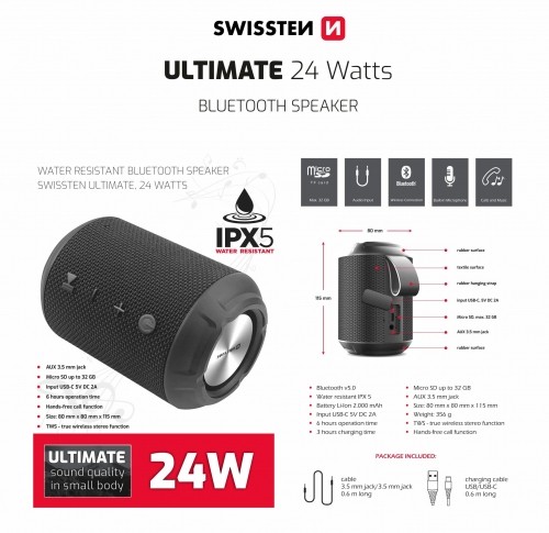 Swissten Ultimate Bluetooth Portatīvais Skaļrunis 24W image 4