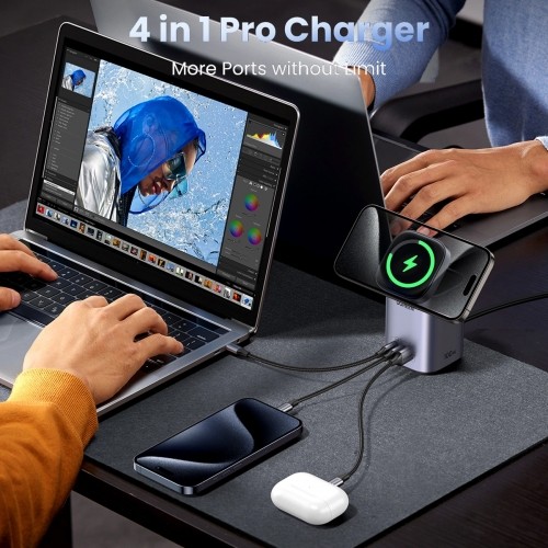 Ugreen CD342 100W GaN charging station 2x USB-C 1x USB-A with Qi MagSafe inductive charging - gray image 4