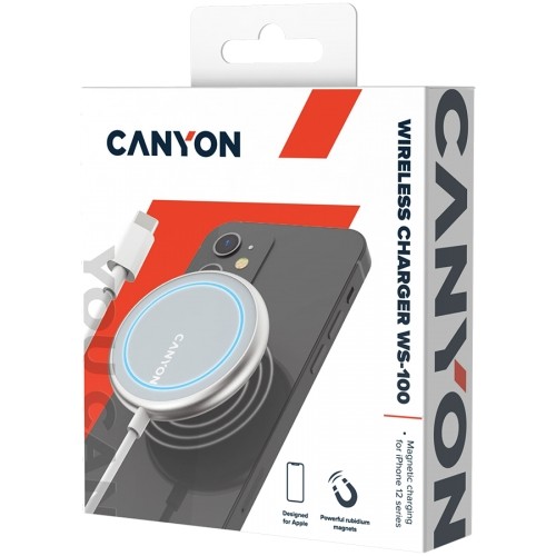 CANYON WS-100 Wireless charger, Input 9V/2A, 9V/2.7A, 12V/2A, Output 15W/10W/7.5W/5W, Type c cable length 1.5m, Acrylic surface+Aluminium alloy edge, 59*59*7mm, 0.06Kg, Silver image 5