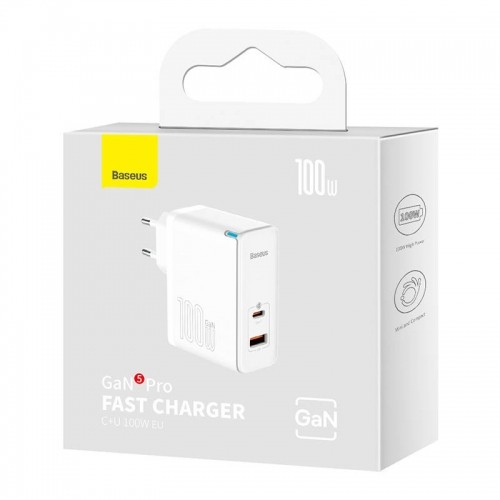 Baseus GaN5 Pro USB-C + USB wall charger, 100W  + 1m cable (white) image 5